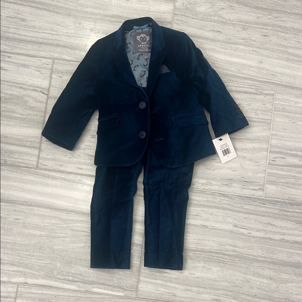 APPAMAN 2T velvet Navy Blue Suit Jacket and Pants Set